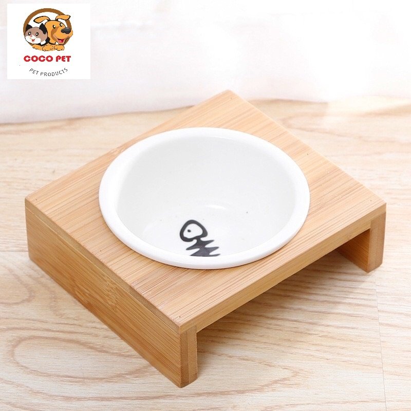 Bát sứ đế gỗ đựng thức ăn chó mèo phong cách nhật bản, với chất liệu gốm sứ cao cấp họa tiết cá
