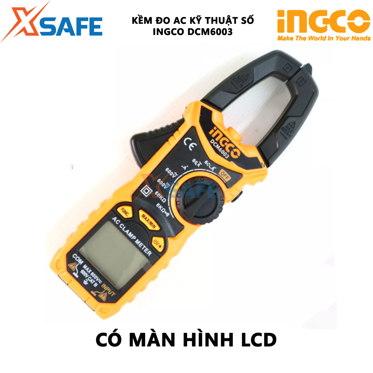 Ampe kìm đo AC kỹ thuật số INGCO DCM6003 | Đồng hồ đo điện AC / DC 6000 Đếm Dữ liệu Giữ Dòng điện AC 10mA ~ 400A/±(2,5% +5) 400A~600A±(3%+5), máy đo kẹp sử dụng để đo dòng điện, điện áp hoặc điện trở