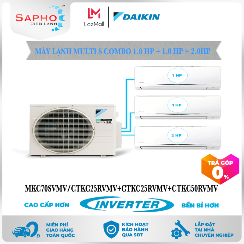 [Free Lắp HCM & HN] Combo 1.0HP +1.0HP + 2.0HP Inverter - Máy Lạnh Multi S Combo 3 Dàn Lạnh Treo Tường MKC70RVMV/CTKC25RVMV+CTKC25RVMV+CTKC50RVMV Điều Hòa 1 Chiều Lạnh Chính Hãng Daikin - Điện Máy Sapho