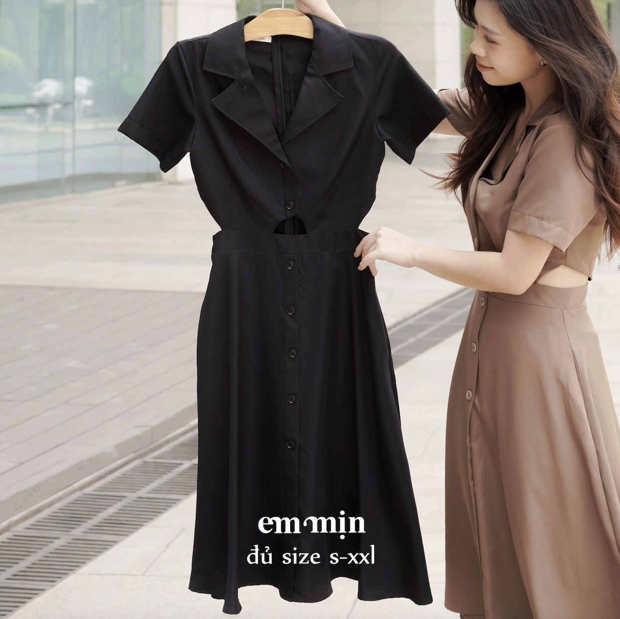 Đầm sơ mi khoét eo 2 Lớp Mịn Mát dáng chữ A