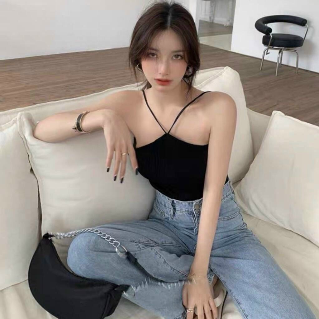 Áo cổ yếm hở lưng cột dây dáng ôm