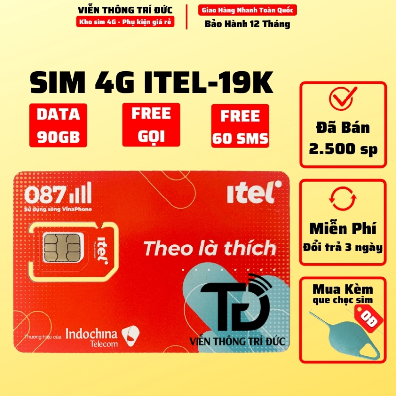 [HCM]Sim 4G iTel iTelecom May77 Data 90Gb/Tháng Gọi Miễn Phí Free 60 tin nhắn Sim indochina v77 - Sim 4G mạng Vinaphone giá rẻ - phủ sóng toàn quốc - Phí duy trì 77k/tháng