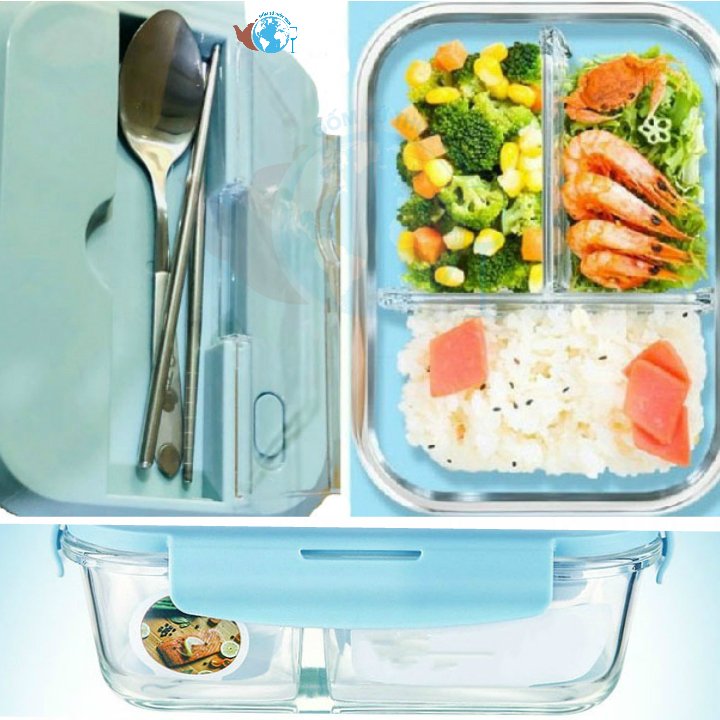 Hộp đựng cơm 3 ngăn KÈM MUỖNG ĐŨA - Hộp thủy tinh 3 ngăn hình chữ nhật 1 lít  - BX1001 - đựng thực phẩm dùng lò viba - cao cấp