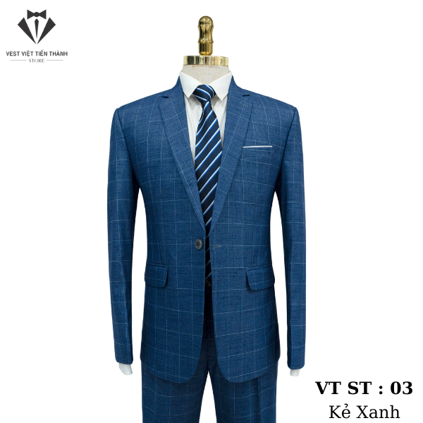 Bộ Vest Caro Xanh Nhạt Cao Cấp