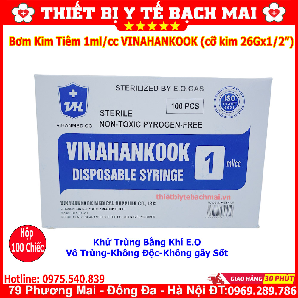 [Hộp 100] Bơm Tiêm 1ml VINAHANKOOK Đầu Kim 26G