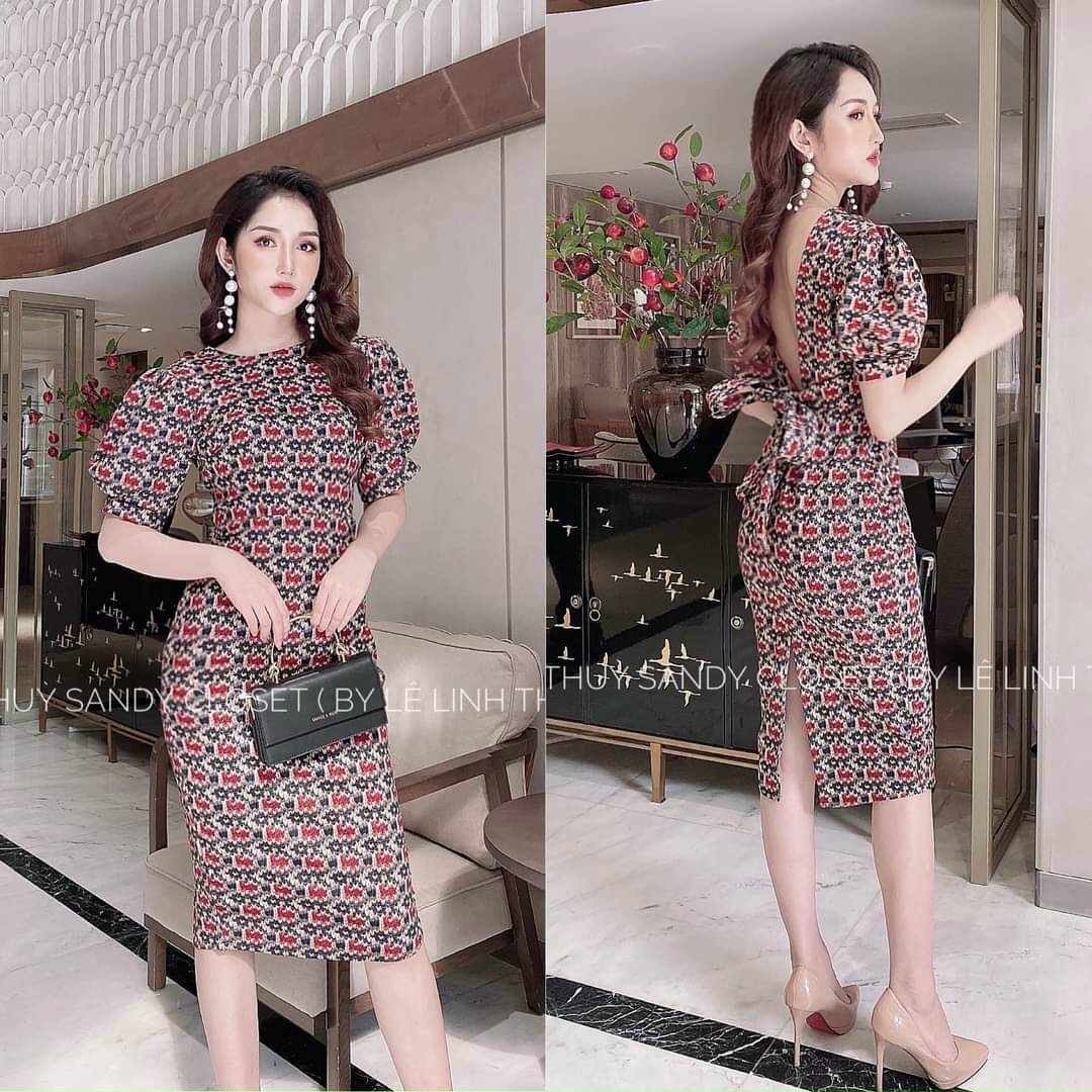 Đầm body tay phồng xẻ tà thời trang