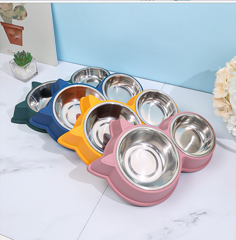 chén đôi inox hình mèo dành cho chó mèo - T3 PETS SHOP