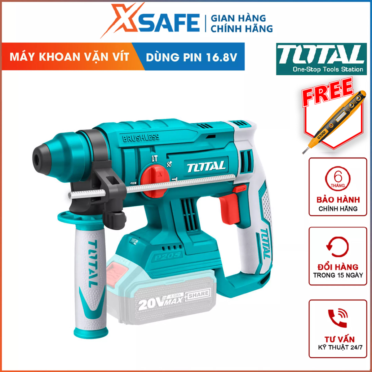 Machine concrete drill battery total TRHLI2201 machine hole building material portable no-load 0 - 1350 rpm/min, speed hammer 0 - 4700 BPM high performance at [xsafe] [XTools]