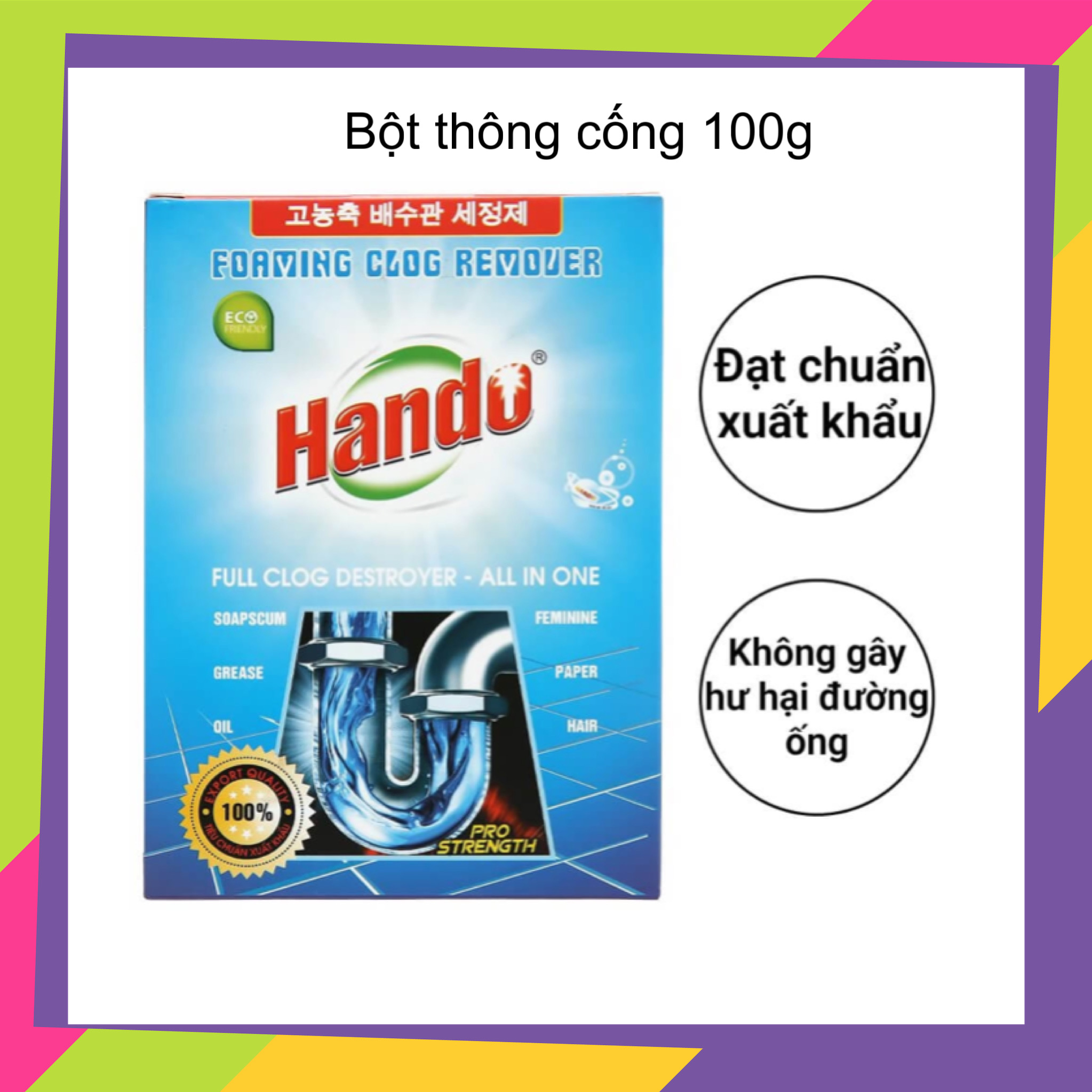 [Không dùng khi tắc bằng chất thải vô cơ] Bột Thông Cống Nghẹt 100g Xuất Khẩu Của Hando (Đã có mẫu mới)