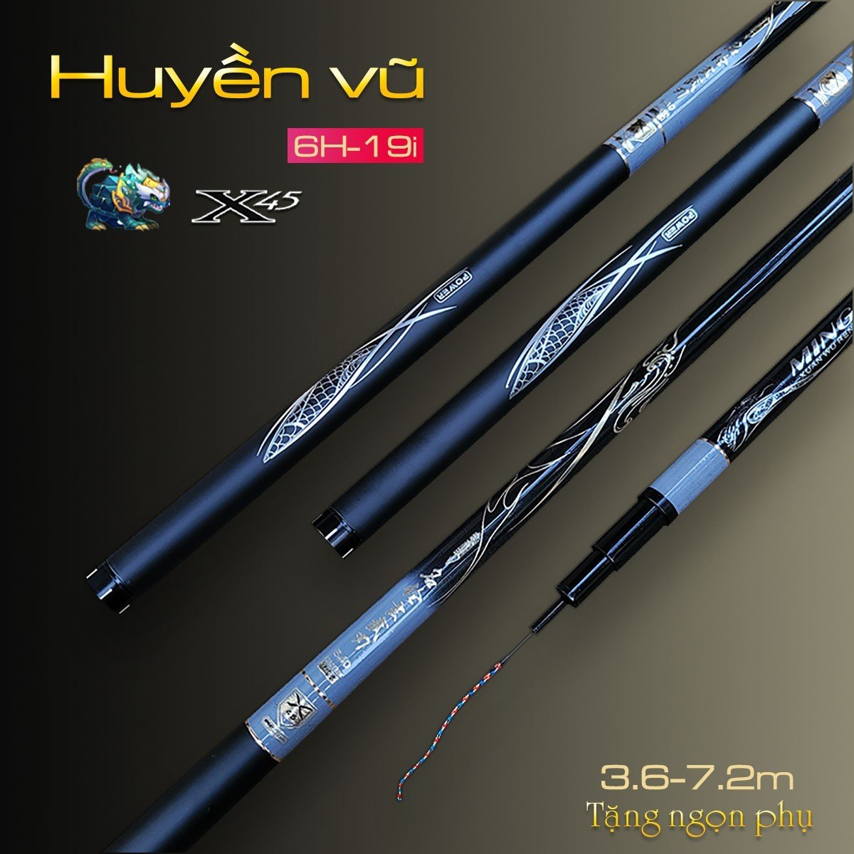 Cần câu tay 6H Huyền vũ độ dài từ 3m6 đến 7m2 tặng kèm ngọn phụ