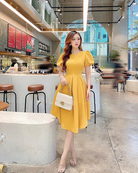 [HCM]ĐẦM XÒE VÀNG CỔ TRÒN XẾP LI TAY PHỒNG