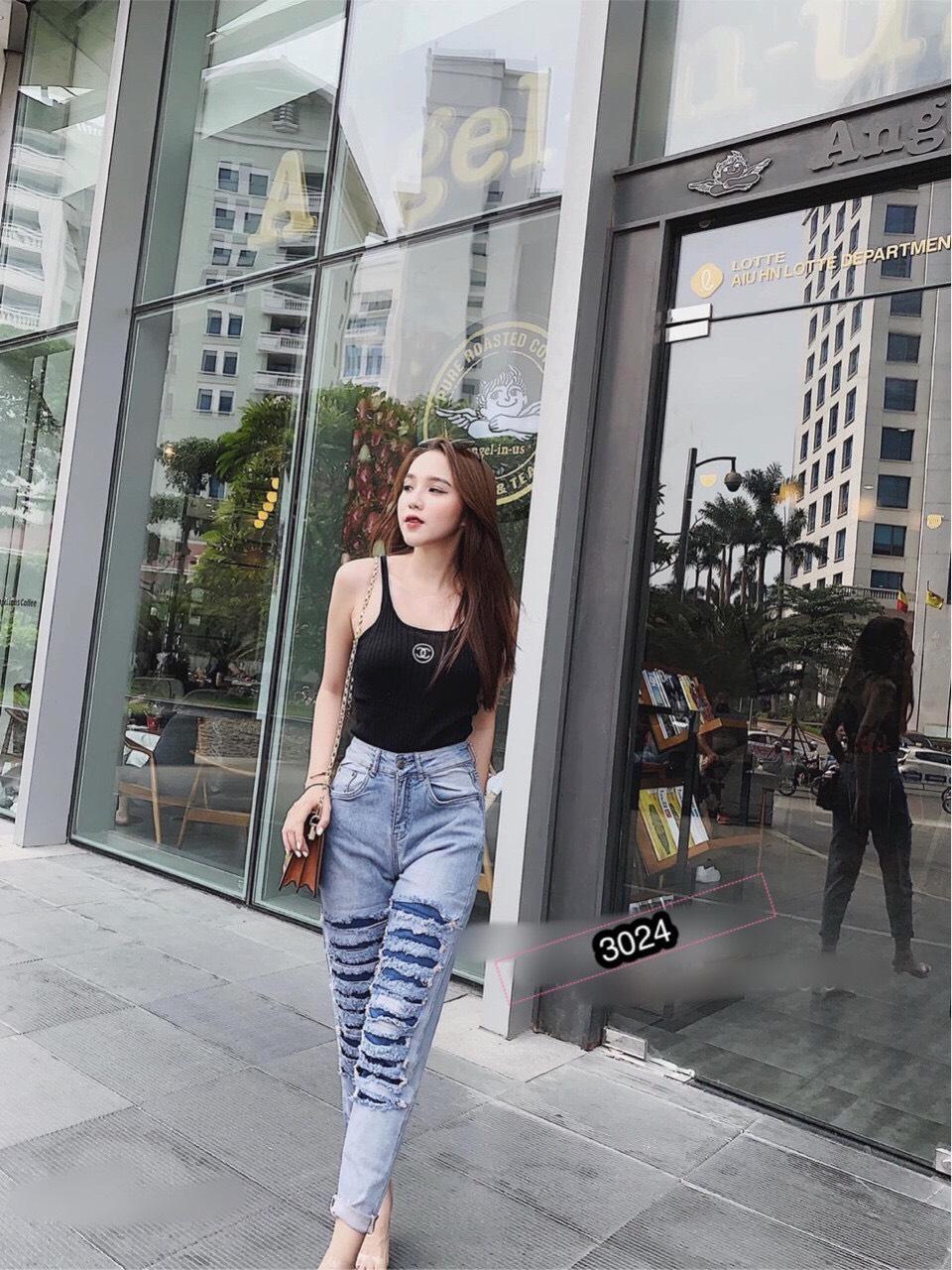 Quần Jeans Nữ Rách Gối Cao Cấp OHS3024