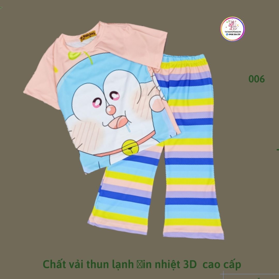 20 đến 40kg- Bộ bé gái tay ngắn quần dài ống loe cầu vồng hit hot xinh xắn vải thun lạnh in 3D 006