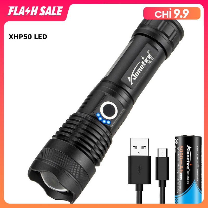 AloneFire H002 Xhp50 LED Mạnh Nhất Đèn Pin Usb Zoom Led Torch Ánh Sáng Cắm