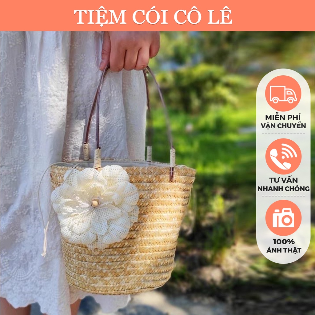 Túi cói hoa trà kiểu dáng vintage đi biển size 27cm - tiệm cói cô lê