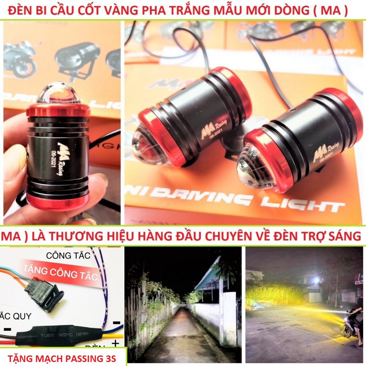 Đèn trợ sáng xe máy bi cầu viền đỏ mẫu mới loại đẹp siêu sáng hàng cao câp
