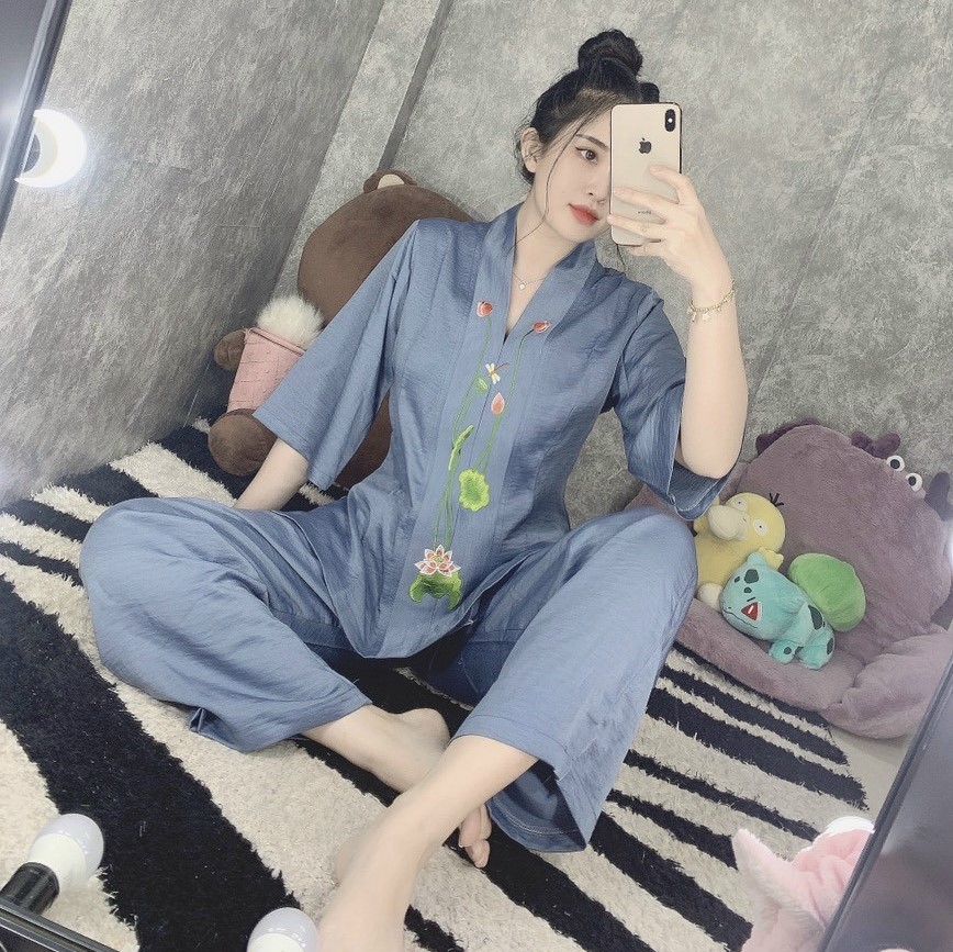 Quần Áo nữ Phật Tử, Đồ Lam Phật Đi Chùa Nữ, đồ bộ mặc nhà Mẫu lụa sen bigsize 75kg mã PN19D