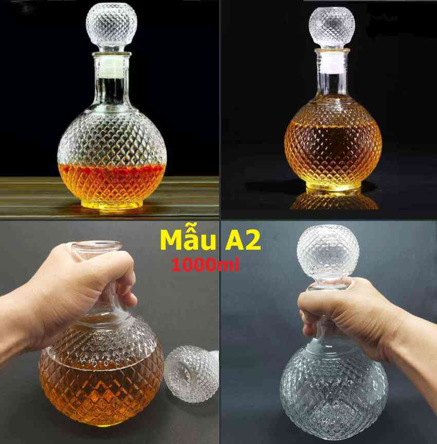 Chai Thủy Tinh Đựng Rượu 1 Lít cao cấp mẫu bầu tròn giác kim cương – Vỏ Chai Rượu Đẹp 1000ML -  Bình Đựng Rượu siêu trong (A2)