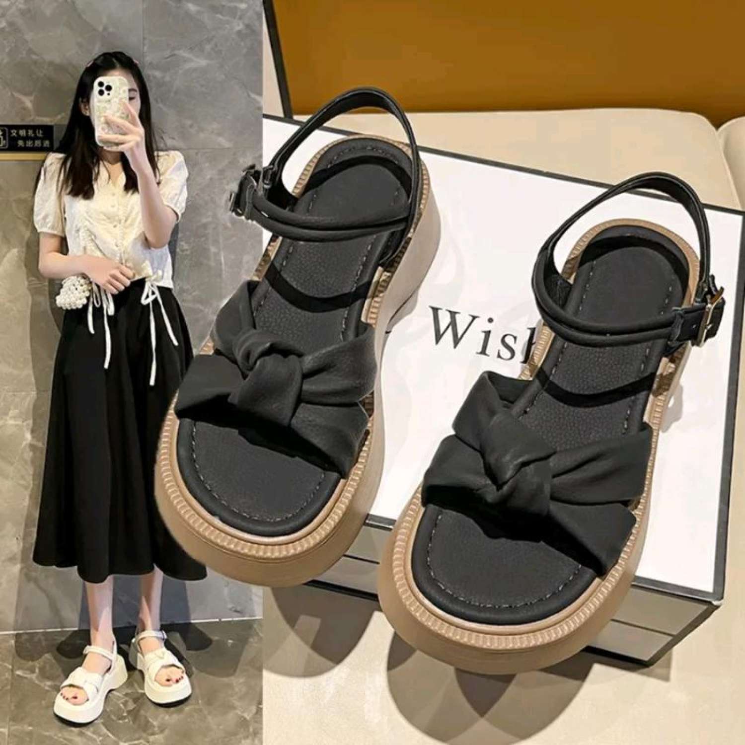 (Hàng Qc FullBox) Sandal nữ quai chéo Thắt Nơ chất Da Cao cấp Cendy