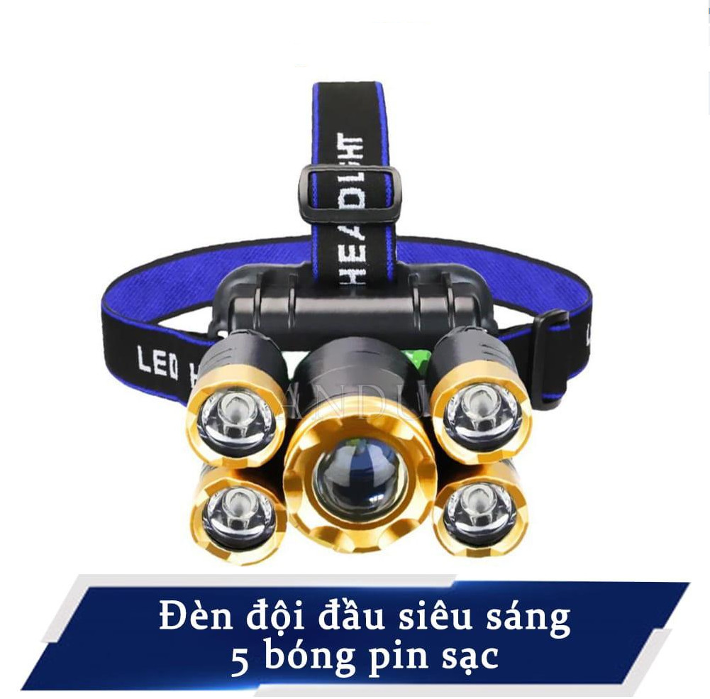 Đèn pin sạc, đèn pin đeo đầu 5 pha led, đèn pin chống nước 5 bóng led pin sạc, siêu sáng