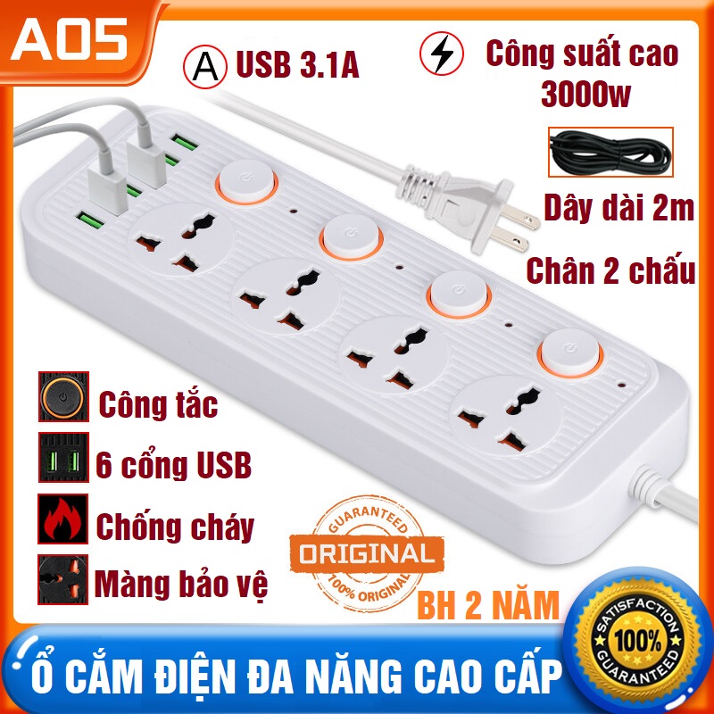 Ổ Cắm Điện Có Công Tắc Riêng, Ổ Điện Thông Minh, Ổ Điện Đa Năng 6 Cổng USB, Phích Cắm 3 Chấu, Sạc Nhanh, Chịu Tải Tốt 3000W, Dây Dài 2m, Giá Rẻ.