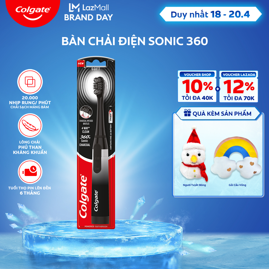 [Chỉ 18 - 20.4_Áp Voucher Shop 10% + Voucher Lazada 12%] Bàn chải điện Colgate Sonic 360 Charcoal công nghệ sóng âm rung 20.000 nhịp/phút