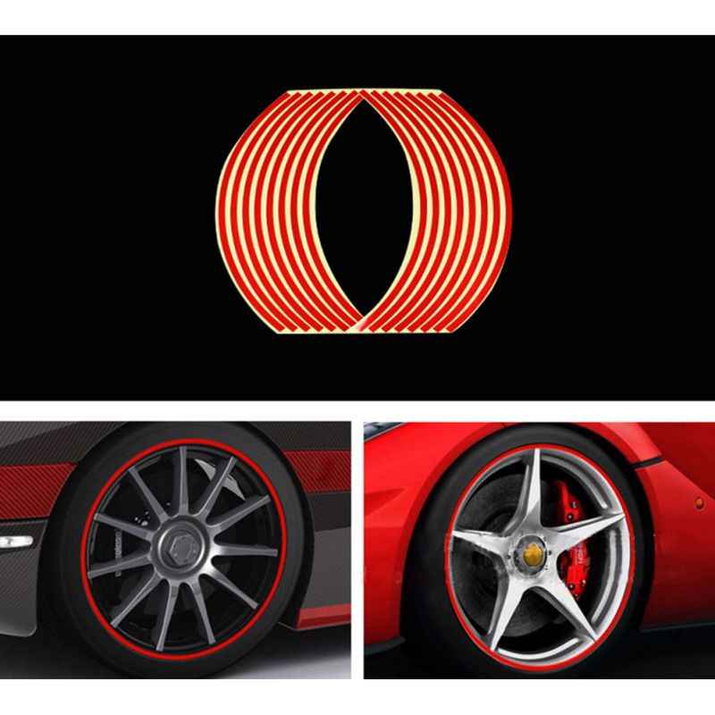 Bộ 16 miếng Decal trang trí phản quang dán vành xe, tem dán mâm xe máy cao cấp, miếng dán bánh xe ô tô chống nước, chỉ dán xe số, dải dây dán xe. viền dán bánh xe ga