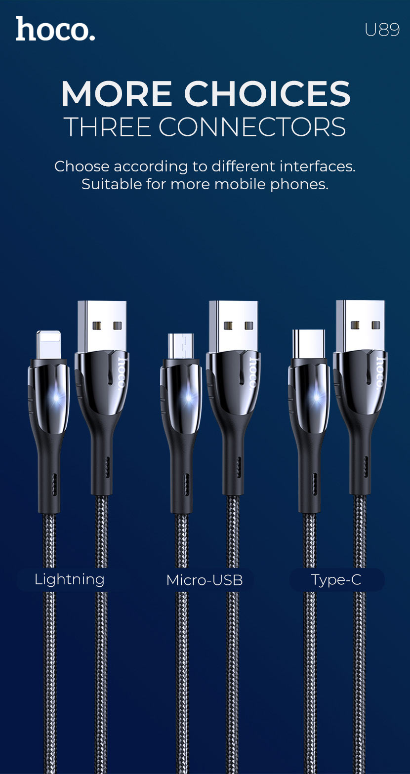 Cáp Sạc Nhanh 2.4A Hoco U89 Có Đèn Báo Lightning, Type C, Micro 1.2M (BH 12 Tháng)