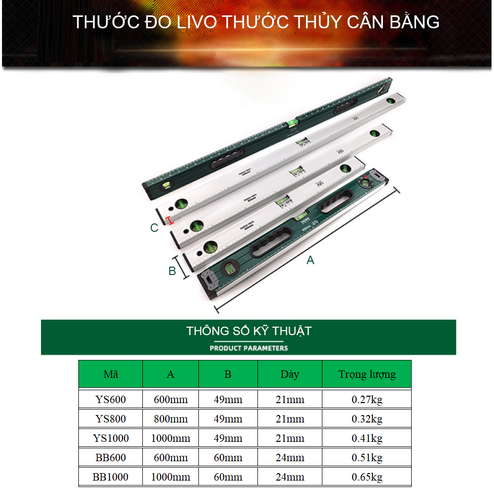 Thước Đo Nivo TUOSEN, Thước thủy cân bằng TUOSEN có từ tính, chất liệu hợp kim nhôm (chiều dài 30cm, 60, 80, 100cm)