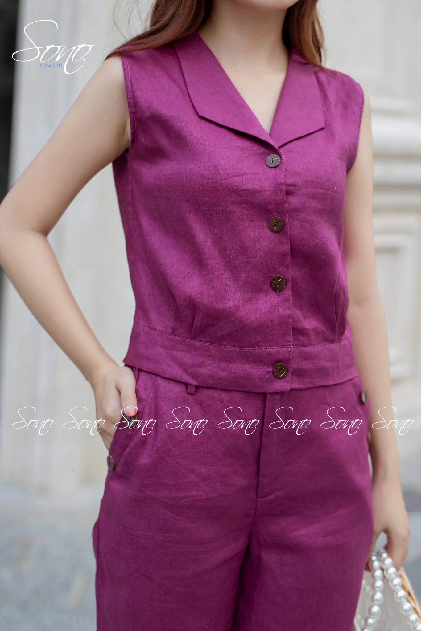 Sono - Bộ Dài Linen Cổ Bẻ Nút Gỗ