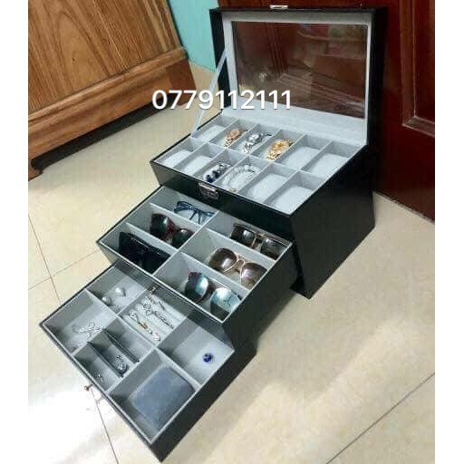 hộp đựng đồng hồ, kính mắt và trang sức thiết kế 3 tầng - hộp sz lớn