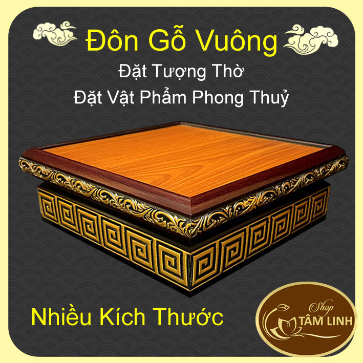 Đôn  Gỗ Hình Vuông Có Hoa Văn Màu Vàng Nổi  nhiều cỡ- TamLinhNgocBao