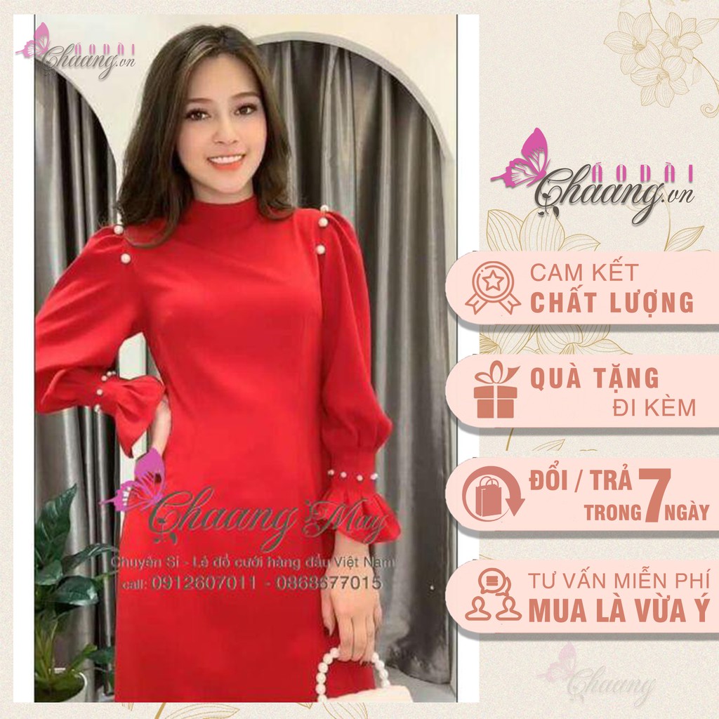 Áo dài đỏ tay thun phồng_Chaang_May sẵn áo dài lụa thiết kế tay bồng, vai đính hạt