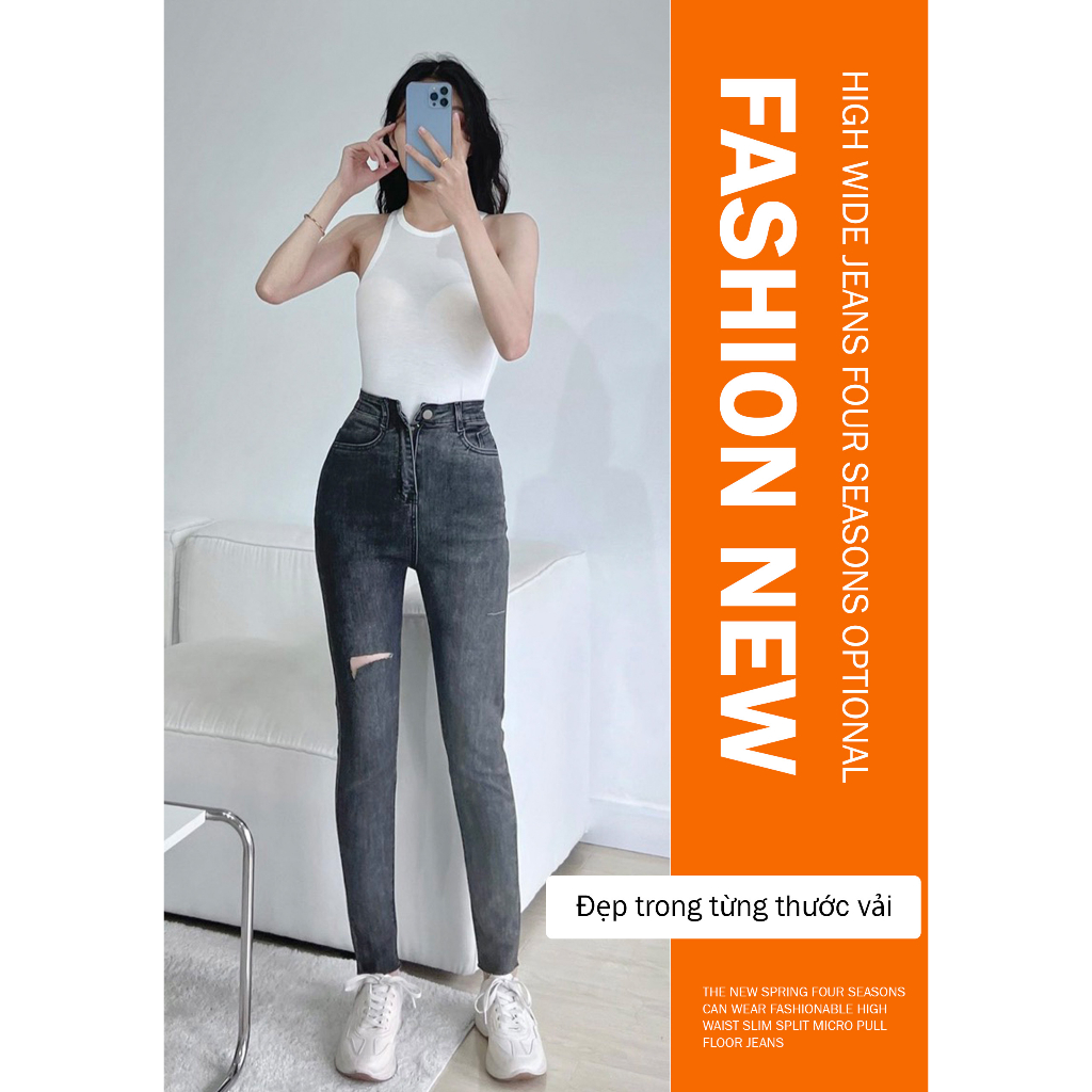 Quần jeans nữ skinny dáng ôm lưng siêu cao trơn basic GUGUNO