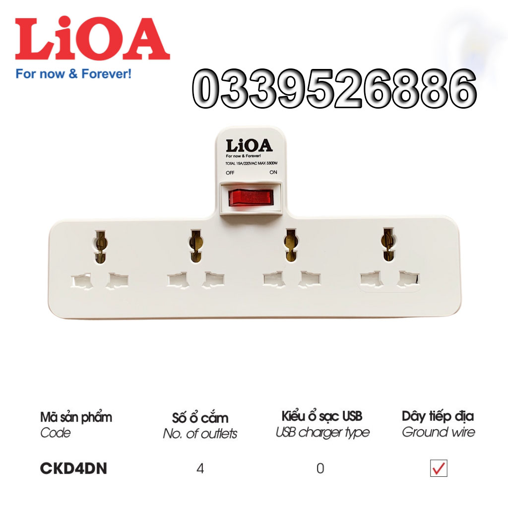 Ổ chia điện đa năng thông minh LIOA 3300W chân cắm 2 chạc, sạc nhanh USB TypeC