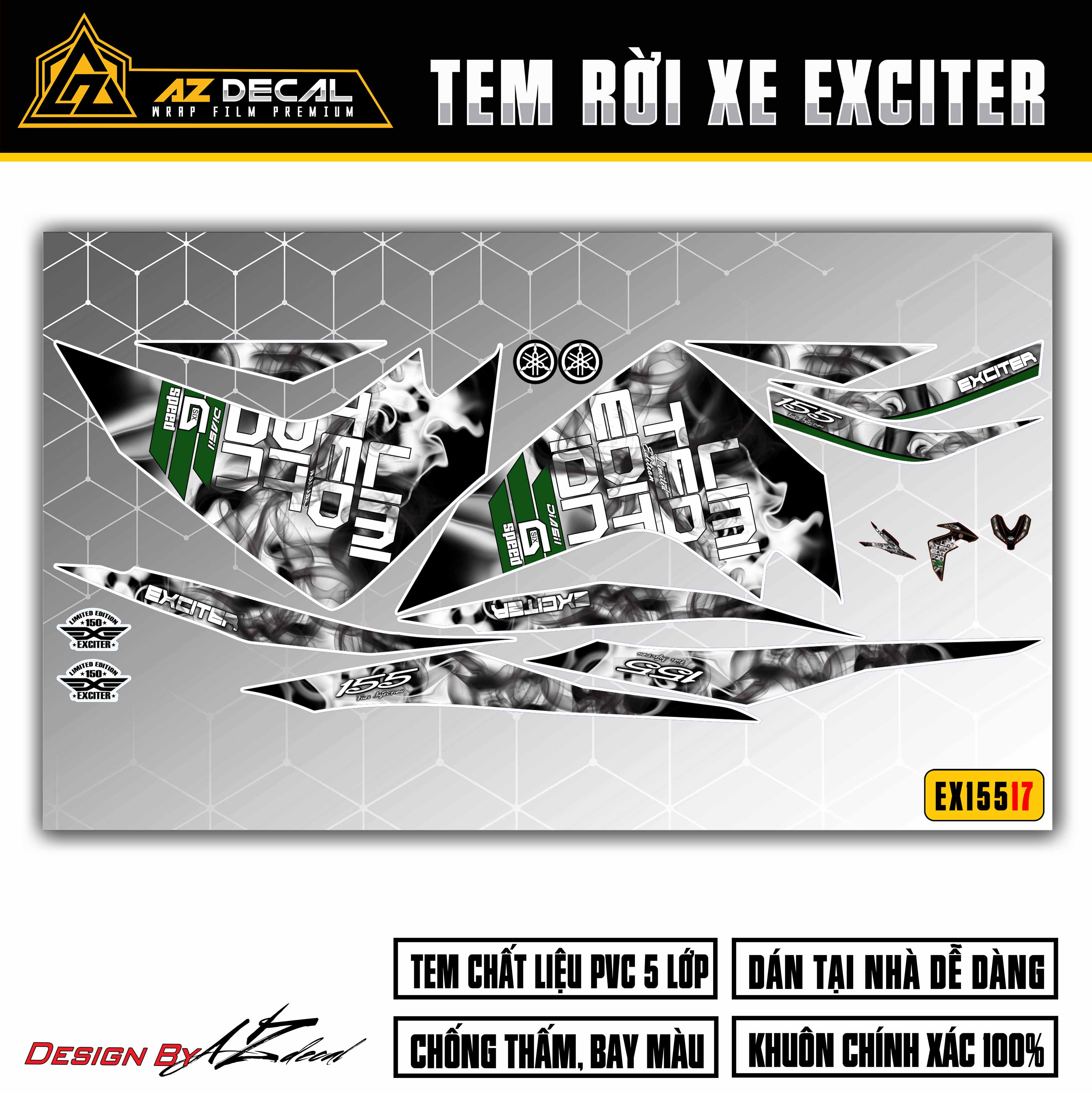 Tem rời xe exciter 155 vva | ex15517 | decal dán xe ex 155 mẫu vân khói limited edition | azdecal