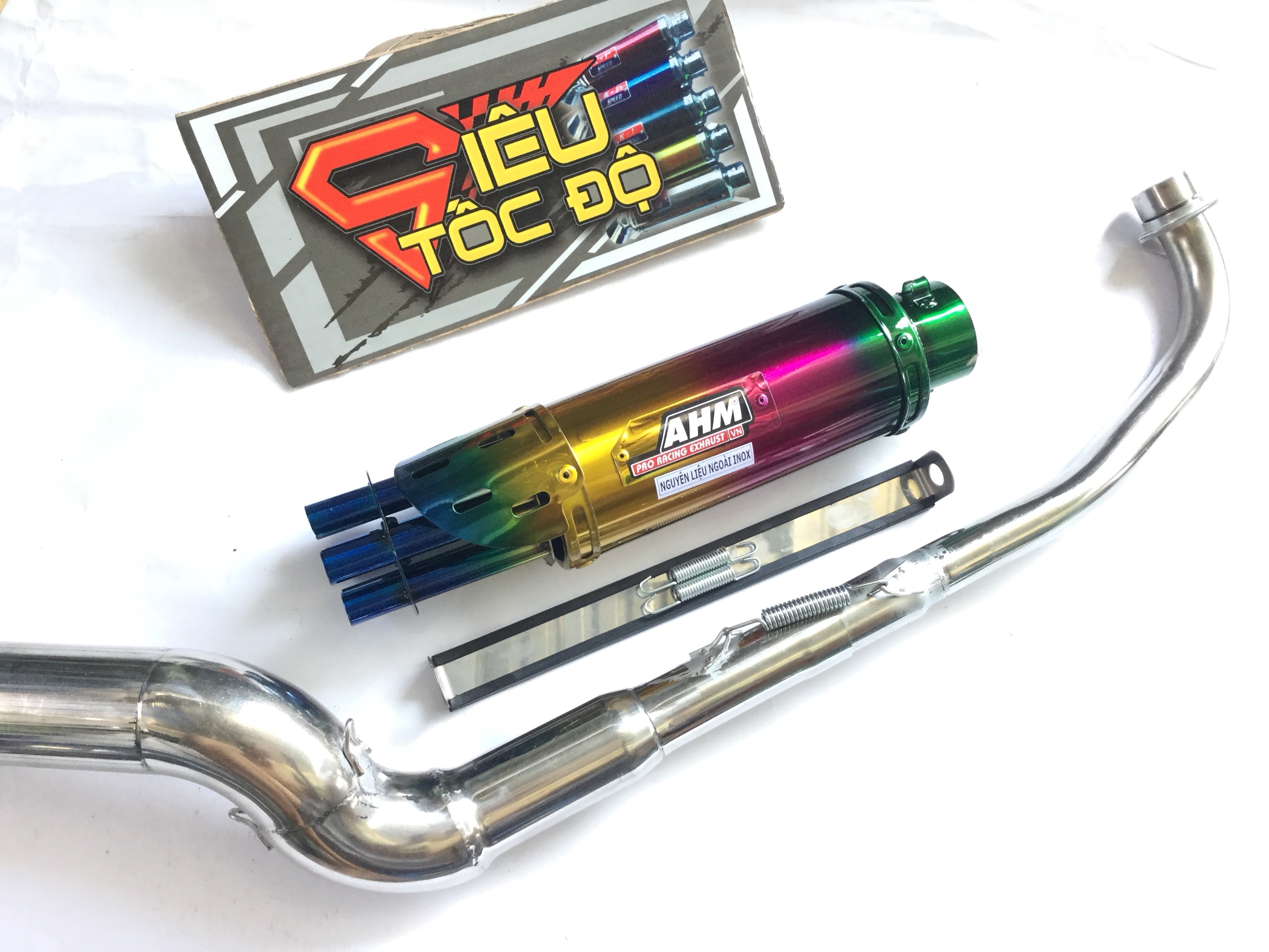 Combo pô 6 nòng bao gồm cả cổ cong gắn lon pô độ cho xe wave 50 - 100, cup, dream, 67, axelo, exciter 50cc,....
