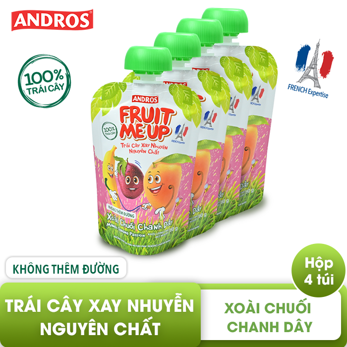 FRUIT ME UP Xoài chuối chanh dây - Trái cây xay nhuyễn nguyên chất - 90gx4