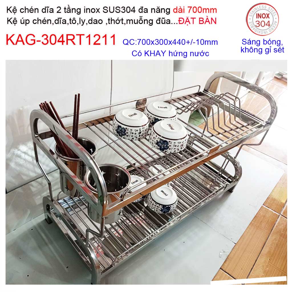 [HCM]Kệ đựng chén bát đặt bàn 70cm Kệ úp chén dĩa có khay hứng Kệ úp chén dĩa đa năng SUS304 Inox Kace KAG-304RT1211 dài 70cm