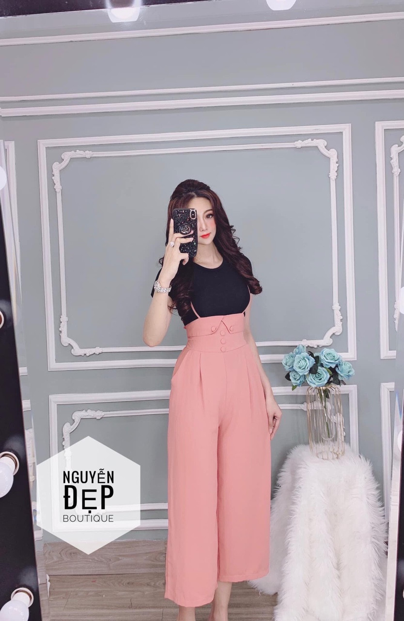 Sét Áo Thun Tay Ngắn Phối Quần Yếm Dài Ống Rộng Sang Trọng TTS1052