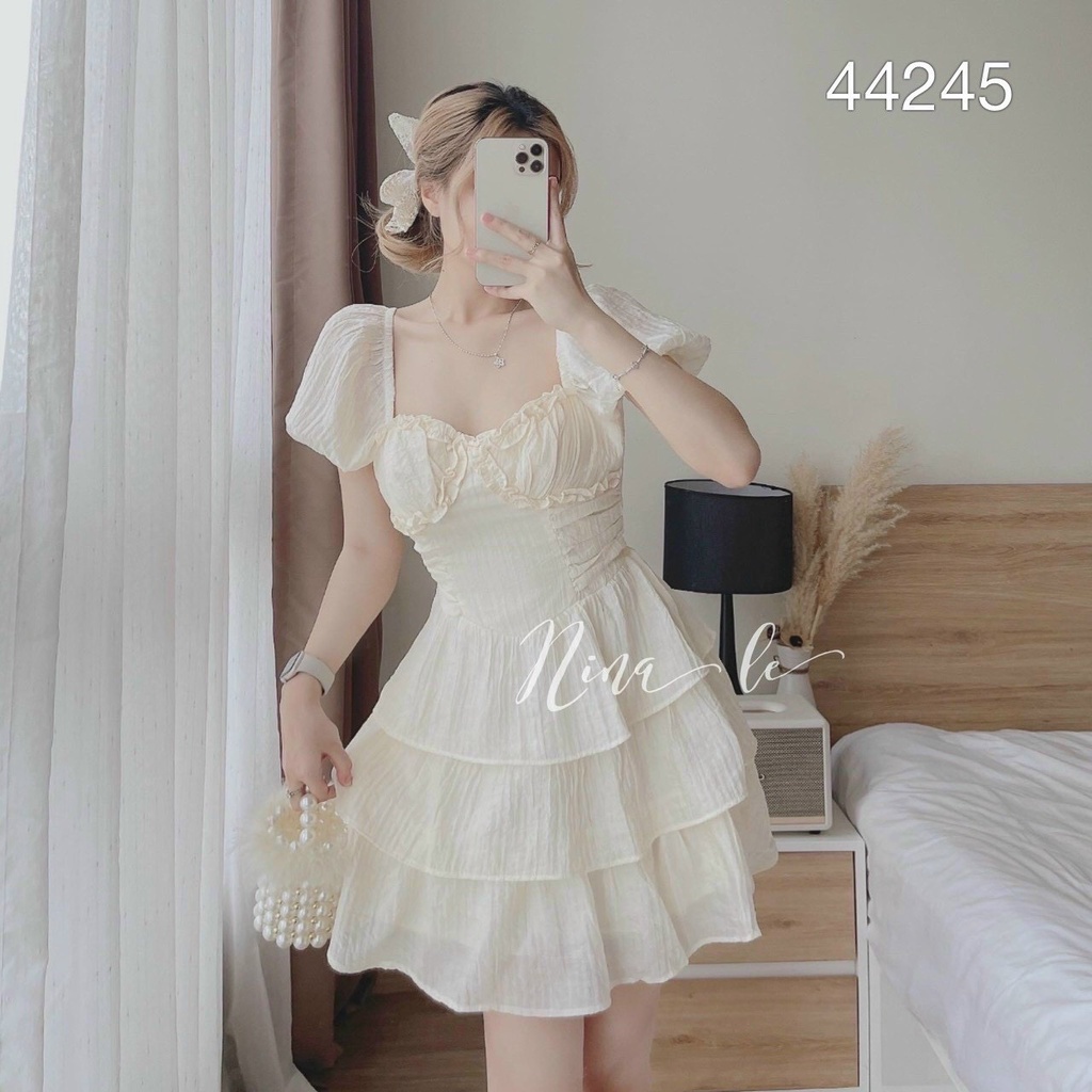đầm lụa tầng bo eo kiểu cổ vuông ngắn tay DUTIEC30