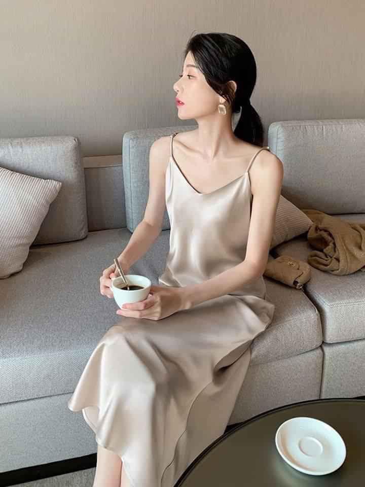 Đầm trơn 2 dây lụa-QH