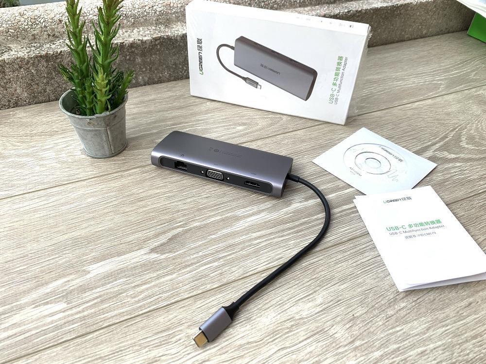 Cáp USB-C to HDMI+VGA+USB 3.0+LAN 1Gbps+Card Reader Ugreen 40873