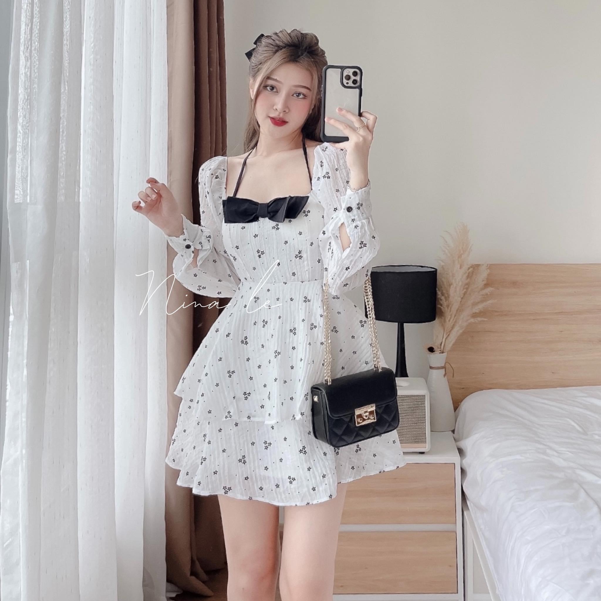 Váy tầng hoa bèo trắng cổ nơ