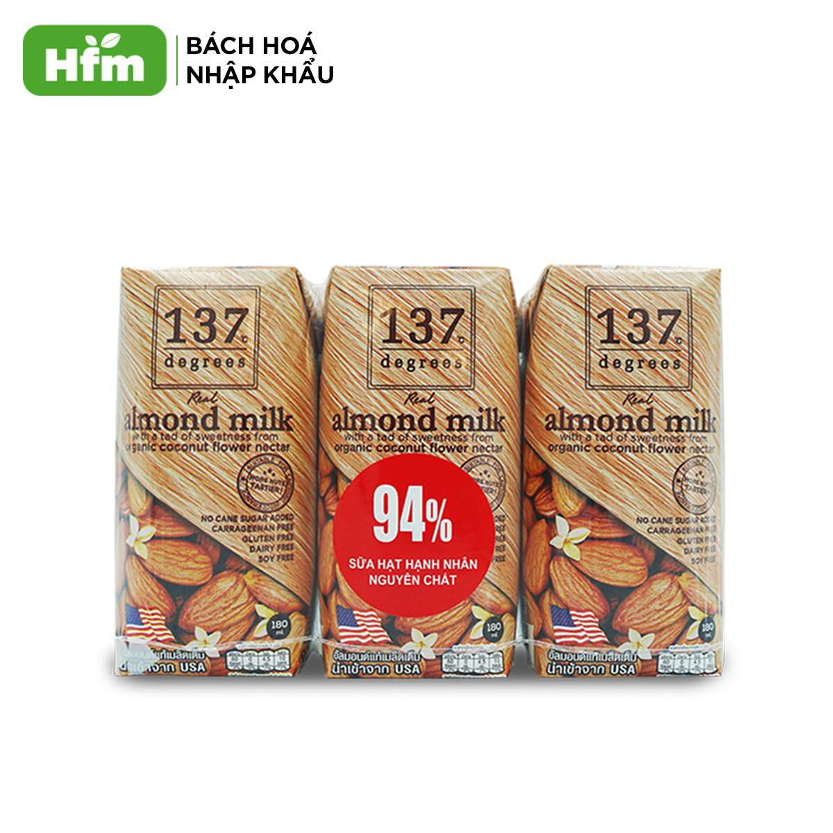 Lốc 3 hộp Sữa hạt Hạnh Nhân Nguyên Chất 137 DEGREES 180ml, thành phần 99% từ hạt tươi