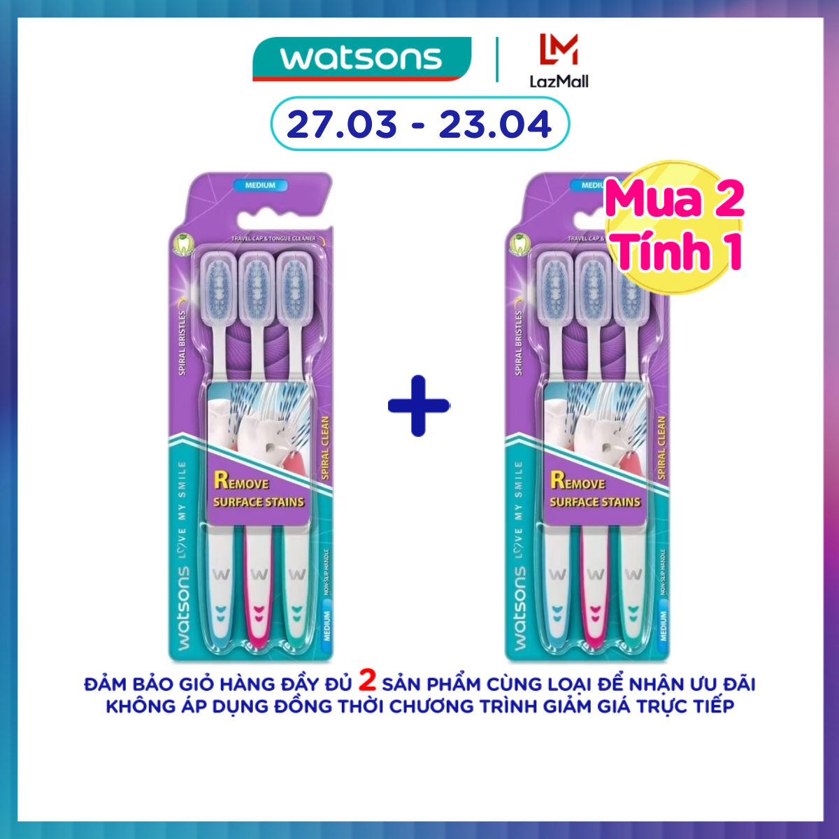 Bàn Chải Đánh Răng Watsons Spiral Clean Toothbrush (Medium) 3s