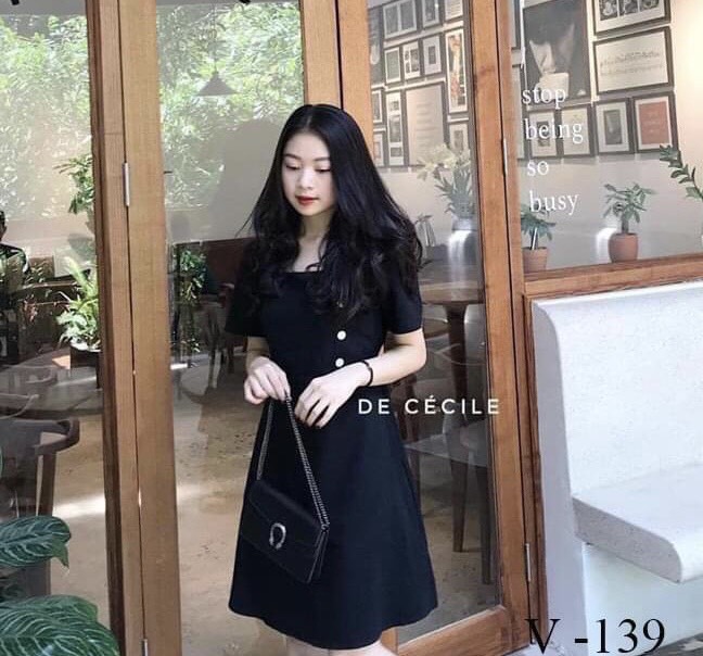 [HCM]Đầm Nữ Cổ Vuông Khuy Lệch