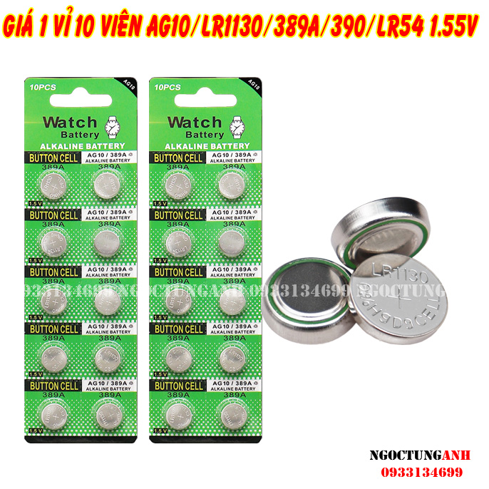 1 Vỉ 10 Viên Pin Cúc Áo 1.5V AG10 / LR1130 / 389A / 390 / LR54 / SR1130 / 189  Alkaline Battery Button Cell cho Đồng Hồ Điện Tử, Đồ Chơi, Máy Trợ Thính, Nhiệt Kế Điện Tử