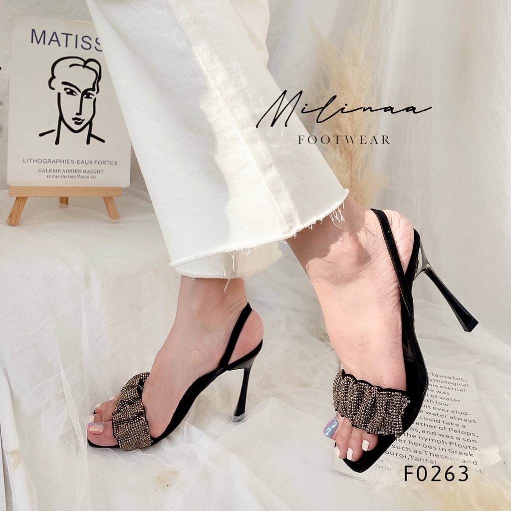 GIÀY CAO GÓT NỮ GÓT NHỌN 10P SLINGBACK BẢN NGANG NHÚNG VIỀN ĐÁ F0263