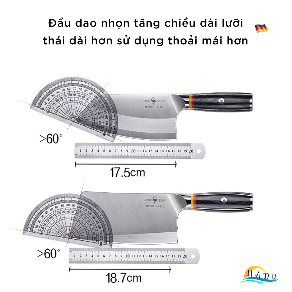 Dao Bếp Thép Đức 1.4116 SSGP (Độ Cứng 58HRC), Gồm Dao Thái Thịt và Dao Chặt Xương Siêu Bén, Lưỡi Mài Góc 15 Độ, Cán Gỗ, Cao Cấp Đạt Chất Lượng LFGB Đức
